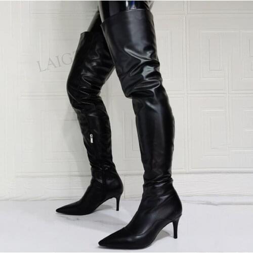 BERZIMER Women Over High Boots Side Zip 7-8CM Mid Heels Boots Thigh High Cosplay Black Winter Shoes Woman Plus Size 41 43 45 47