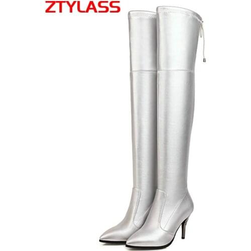 Black Sliver Women Stretch Thigh Boots Fashion Zipper Pointed Toe Over The Knee Boots Autumn Winter Thin High Heel Lady Shoes