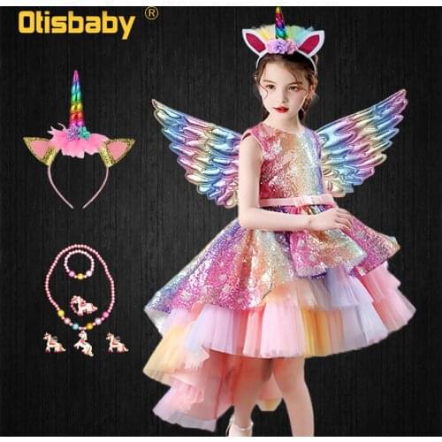Children Girl Party Unicorn Dress Summer Sequin Rainbow Dress for Girls Elegant Pageant Dresses for Kids Princess Birthday Gown