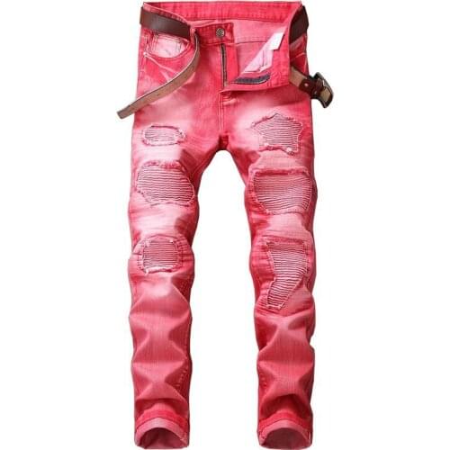 5color red green New Mens Distressed Ripped Knee pleated skinny Biker Jeans streetwear Hip Hop Motorcycle Casual Denim trousers