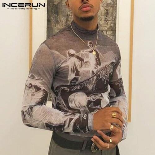 Men T Shirt Mesh Transparent Turtleneck Printed Long Sleeve Fitness Party Camisetas 2021 Streetwear Sexy Undershirt Tops INCERUN