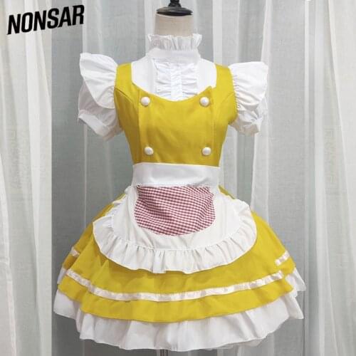 NONSAR Cute Maid Outfit Costumes Lolita Dress For Women Yellow Pink And White Ribbon Party Sweet Sexy Apron Dress Cosplay