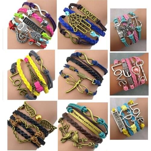 MixMax 10PCs/Pack Mix Styles Handmade Leather Womens Fashion Multilayer Cuff Bracelets Gifts wholesale
