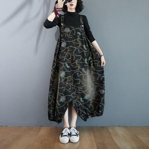 Fashion Chain Shoes Print Vintage Jeans Jumpsuits Hanging Crotch Bloomers Dress 2 Way Wear Women Bleached Denim Rompers Overalls