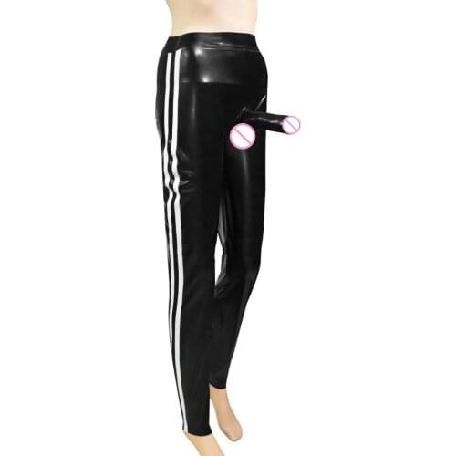 With penis sheath design pants mens black erotic latex slim trousers with side white stripes decorations