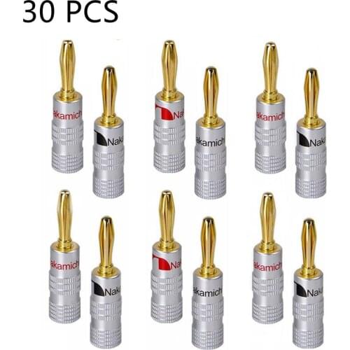 30pcs/15pair Nakamichi Banana Plug Straight Pre Amplifier 24K Gold Plated 4MM Connector Screw Lock Audio Jack Speaker Black Red