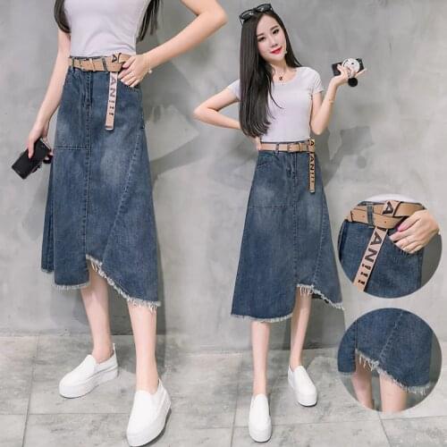 New Casual Slim irregular Denim Skirt Women A-line High Waist Womens Denim Skirt Female Midi-Length Skirts Females Elegant