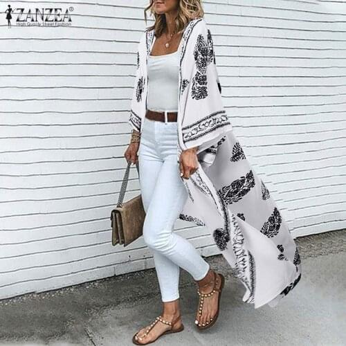 Bohemian Floral Printed Beach Cardigan ZANZEA Women Open Front Kimono Summer Holiday Long Tops Casual Blouse Long Sleeve Shirt