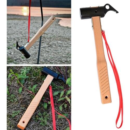 Camping Hammer Heavy Duty with Tent Stake Remover, 12.2" Cast Iron Tent Hammer - Wood Handle Tent Mallet with Holding Strap