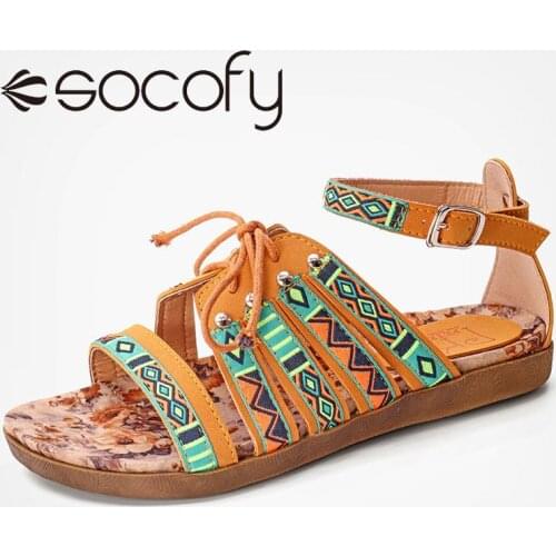 SOCOFY Women Bohemian Sandals Embroidered Hollow Out Buckle Opened Toe Lace Up Flat Casual Beach Shoes Ladies Outdoor Sandals