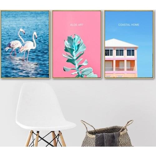 Nordic Seascape Poster Wall Art Flamingo Plant Canvas Painting Fresh Modern Pictures For Living Room Home Decor