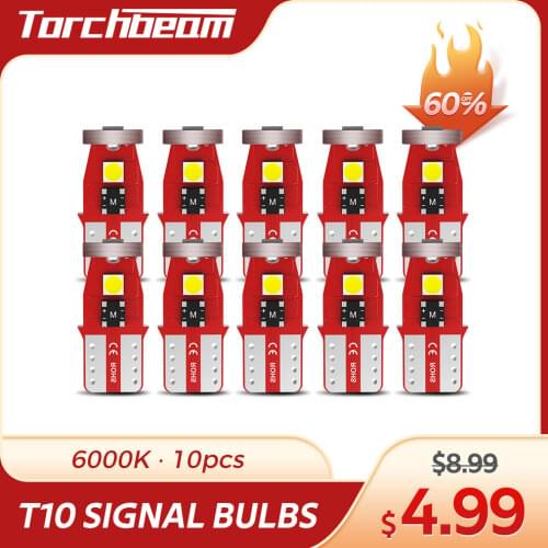 Torchbeam 10PCS LED Interior Light T2 194 T10 158 168 LED Bulbs 6000K White Interior Lights for Door Light Trunk Light Map Light