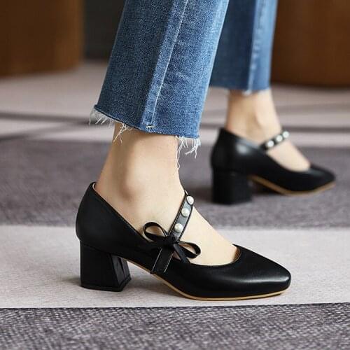 Party style square toe pumps fashion beading bowknot Mary Jane shoes black beige apricot yellow high-heeled chunky womens shoes