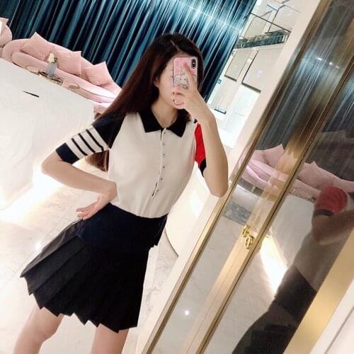 Women Polo Shirt Turn Down Collar Short Sleeve Cotton Matching Color Slim Korean Design