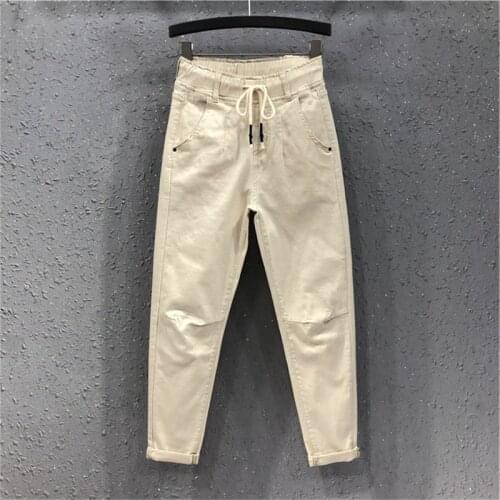 Summer Autumn Fashion Women White Hallem Jeans Loose Casual Elastic Waist Femme Cotton Denim Ankle-length Pants Khaki Black Y467