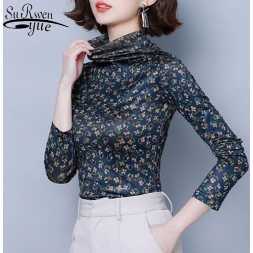 2019 New Arrival Long Sleeve T Shirts Slim Autumn Turtleneck Female Tops Elegant Print Office Lady Clothes Blusas 7466 50