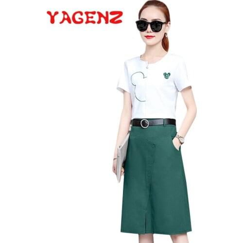 YAGENZ Ladies Skirt Two Piece Set O-neck Short sleeve Tops And Short Skirt Summer Clothes For Women Temperament 2 Piece Set 763