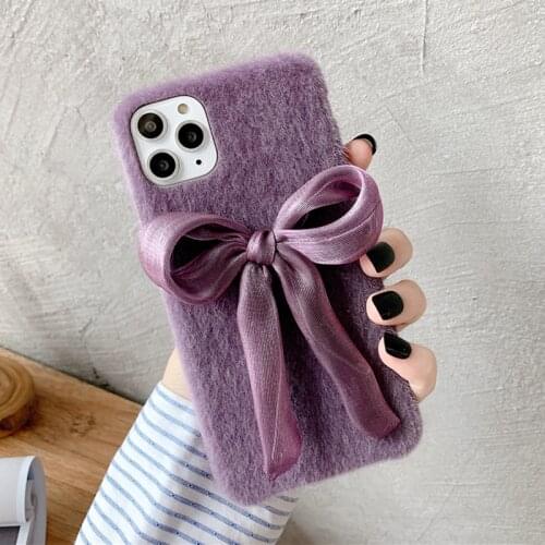 Winter Purple Fur Plush Bowknot Phone Case For iPhone 12 11 Pro Max X XR XS 7 8 Plus SE 2020 12 Mini Case Soft Cloth Back Cover