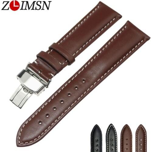 ZLIMSN Mens Watch Genuine Leather Watch band Butterfly Deployment Buckle Black Brown Watch Strap 18 20 22mm Watchband wristband