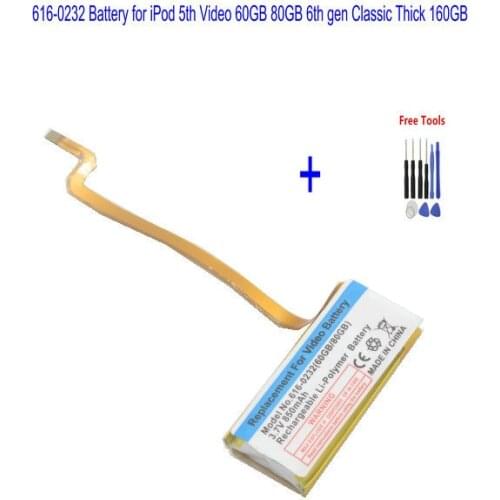 1x 850mAh 3.7V 616-0232 Replacement Battery for iPod 6th gen Classic 160G Thick for iPod 5th gen Video 60gb 80gb + Repair Tools