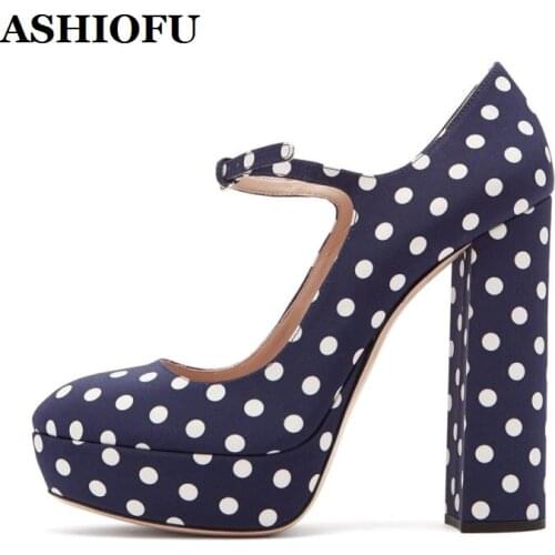 ASHIOFU Handmade New Ladies Chunky Heels Pumps Mary Janes White-dots Platform Party Dress Shoes Sexy Evening Fashion Court Shoes