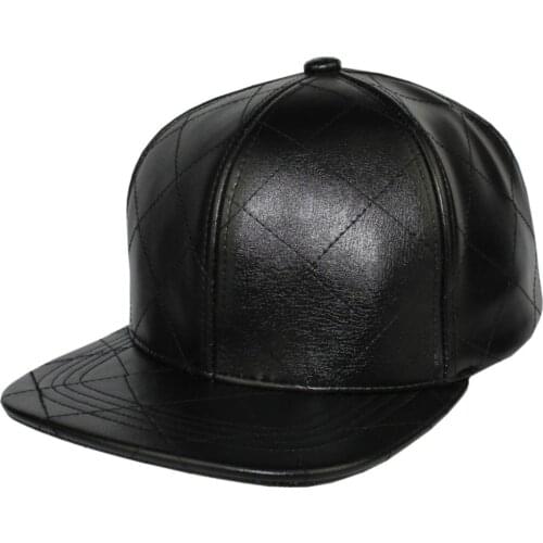 Quilt Faux Leather Urban Snapback Flat Brim Metal Buckle Hip Hop Streetwear Black Solid Baseball Cap hat Men