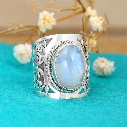 Large Women Silver Color Moonstone Boho Ring Anniversary Gifts Bride Wedding Engagement Rings