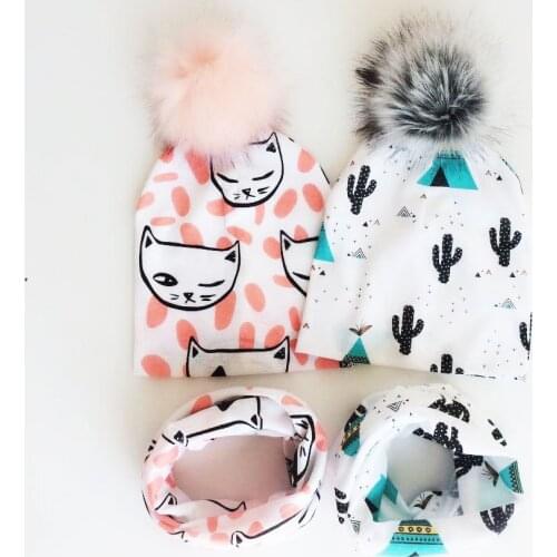 Childrens pom pom Hat Autumn Winter Baby Hat Girls Boys Cap Kids Beanie bonnet Collar Scarf set baby cap Photography props