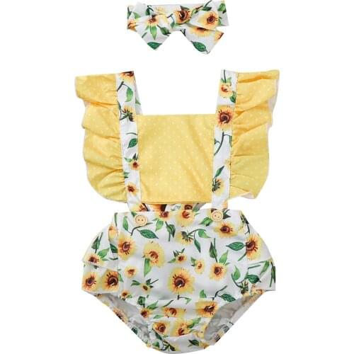 0-24M Baby Girls Rompers Outfit Suit Sweet Style Infant Summer Creative Sunflower Printing Flouncing Lace Up Romper + Headwear