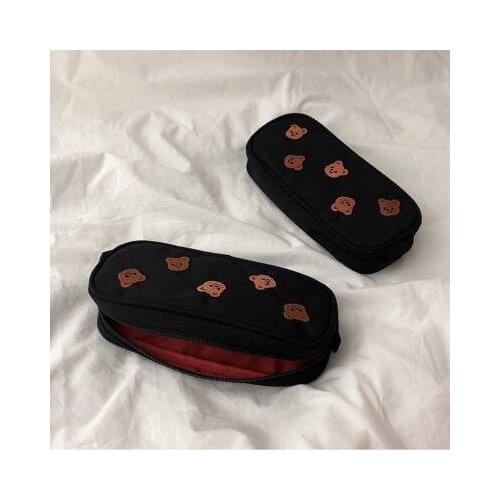Korea niche cute bear embroidery stationery storage bag large capacity pencil case female multi-purpose portable cosmetic bag