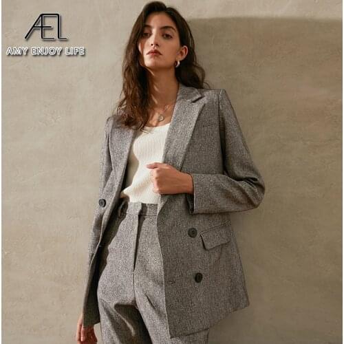 AEL Spring Autumn Gray Pant Suits Women Blazer Belt Top Coat And Long Flared Trousers Fashion 2 Pieces Set