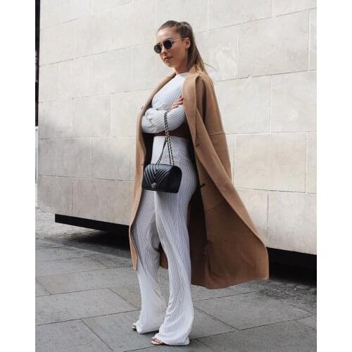 Summer new womens grey round collar long sleeved blouse two suits loose tight belt bell trousers long pants suit