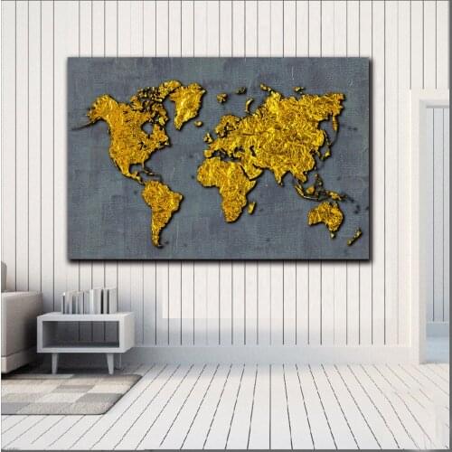 Fashion Large size Printing Abstract Golden World map Wall Art Picture Home Decor Living Room Modern Canvas Print No Frame WLONG