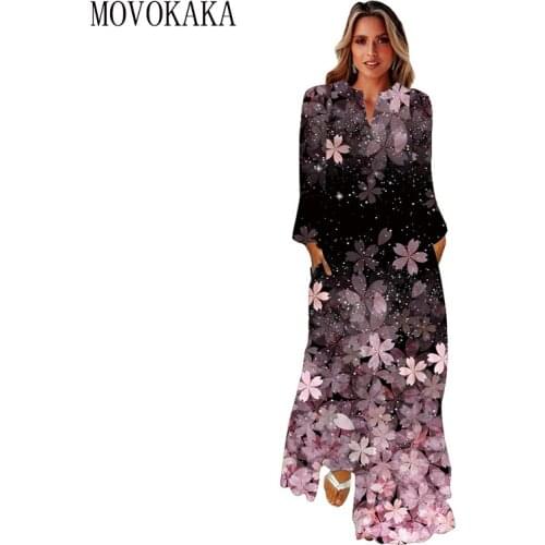 MOVOKAKA Flower Print Autumn Winter Dress Women 2021 Elegant Casual Long Sleeve Long Dresses Woman Party V Neck Maxi Dress Women
