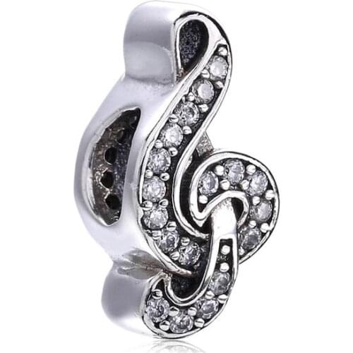 Real 925 sterling silver Beads DIY Crystal Music Note Charm Beads Suitable fit Original Pandora Bracelet Jewelry 2020