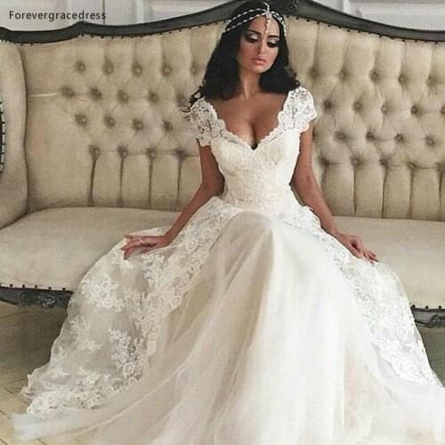 Cheap Arabic Dubai Style Wedding Dress A Line V Neck Country Garden Bridal Gown Custom Made Plus Size