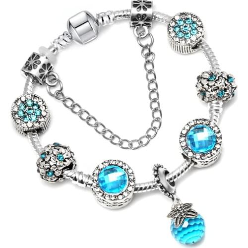 Lake Blue Charm Ladies Bracelet,DIY High Quality Crystal Pendant Ang Silver-plate Chain, Bracelet Ladies Temperament Gifts