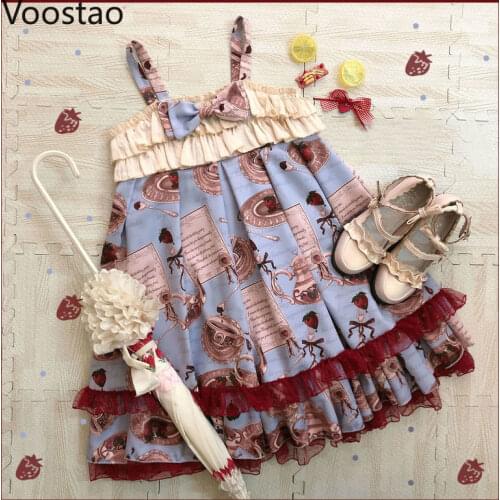 Sweet Lolita Jsk Dress Women Cute Lace Ruffles Strawberry Cutlery Print Sleeveless Party Dresses Girls Kawaii Suspender Dress