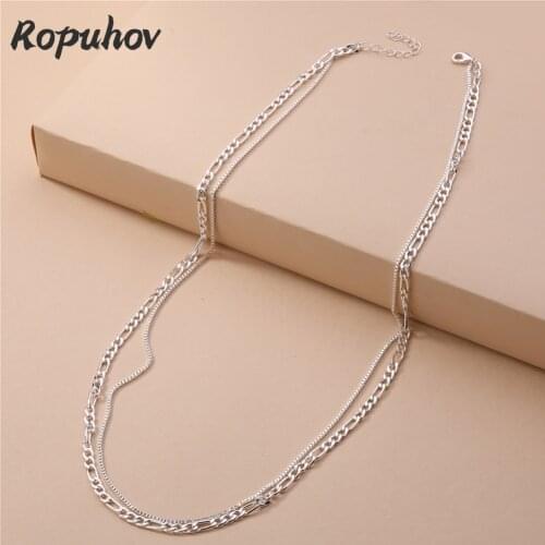 Ropuhov Fashion Jewelry Double Layers Silver Color Curb Chain Links Necklaces for Women