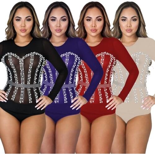 Adogirl Sexy Long Sleeve Mesh Bodysuit Elegant Night Party Transparent Body Bodycon See Through Beading Jumpsuit Female Overall