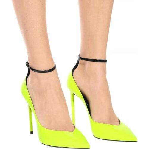 Sexy Neon Yellow Pointed toe Black Ankle Strap High Heels Pumps Woman Low Cut Bright Patent Leather Party Pump Shoes for Ladies