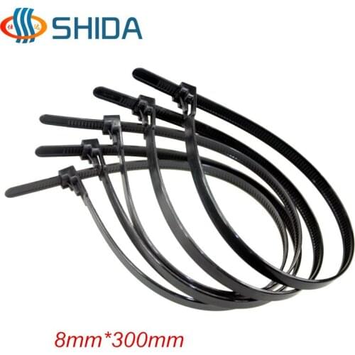 High Quality 50pcs/lot 8*300mm Releasable Plastic Nylon Cable Ties, Black and White Wire Organizer Zip Tie Cord Strap