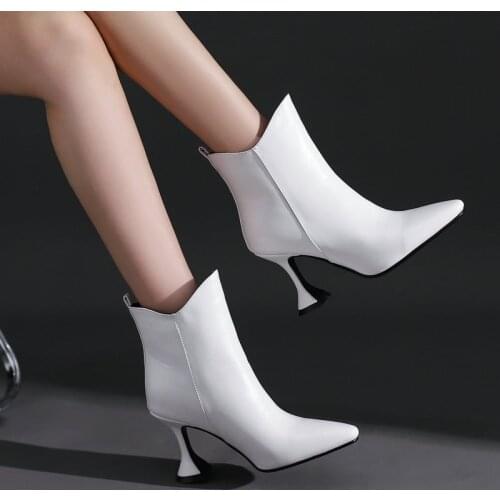 2021 Autumn Winter Strange Style Heel Women Ankle Boots Faux Leather Slip On Short Boots Ladies Pointed Toe Shoes Plus Size 43