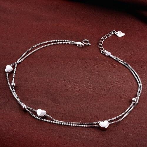 Solid Silver 100% 925 Sterling Silver Anklet Womens Double Love Anklets Luxury Jewelry