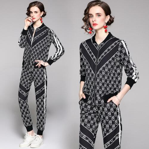 Spring Summer Fall Runway 2 Piece Womens Sets Vintage Floral Letters Print Collar Long Sleeve Top Jacket Coat Pant Suits Outfits