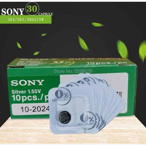 30pcs/lot For Sony 364 Original 1.55V Silver Oxide Watch Battery 364 SR621SW V364 SR60 SR621 AG1 Single grain packing