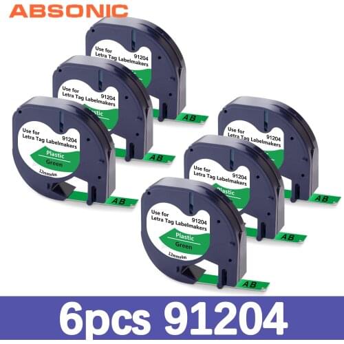 Absonic 6PK 12mm Label Tapes Replace for Dymo 91204 Letra Tag LT100H LT 100T Black on Green Plastic Label Maker Ribbon 91334