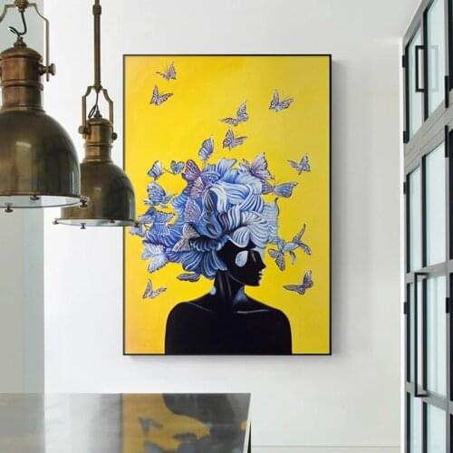 Abstract Girl with Butterfly Nordic Canvas Painting Yellow Blue Posters and Print Wall Art Pictures Living Room Decor Cuadros
