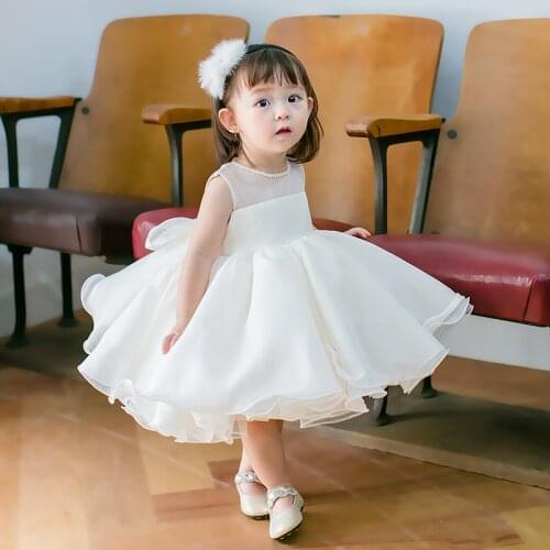 White Tulle Beads Baby Girl Dress Princess Pageant Toddler Girls Party Tutu Baptism Dress 1 Year Birthday Christening Outfits