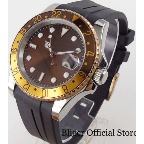 BLIGER Nologo Sunburst Coffee Automatic Men Watch 21 Jewel MIYOTA 8215 Curved End Rubber Strap Bidirectional Bezel Alloy Insert
